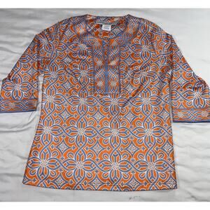 Gretchen Scott Top Size XL Orange Blue Geometric Print Boutique Office Career